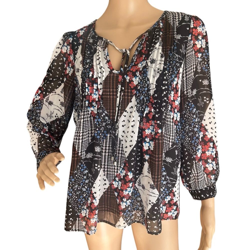 Tommy Hilfiger patchwork floral blouse black red blue sheer top S
